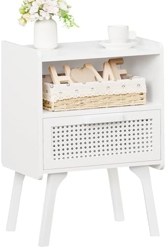 Lerliuo Rattan Nightstand, Side Table with Drawer Open Shelf