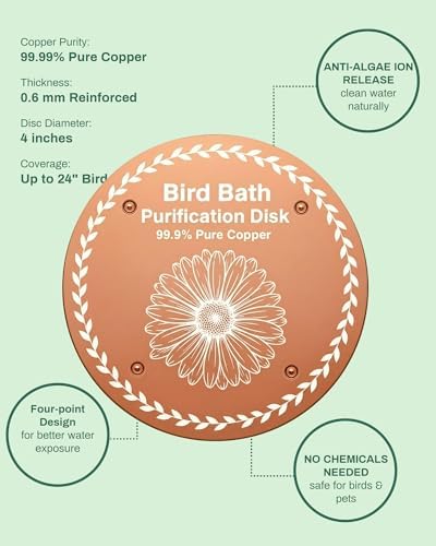 OICEME Bird Bath Purification Disk Pure Copper Outside Winter Solar Power Birdbath Wild Hummingbird Feeder Pedestal Fountain Cleaner Cage Dispenser Bowl Ground Safe Garden Gift Bird Daisy