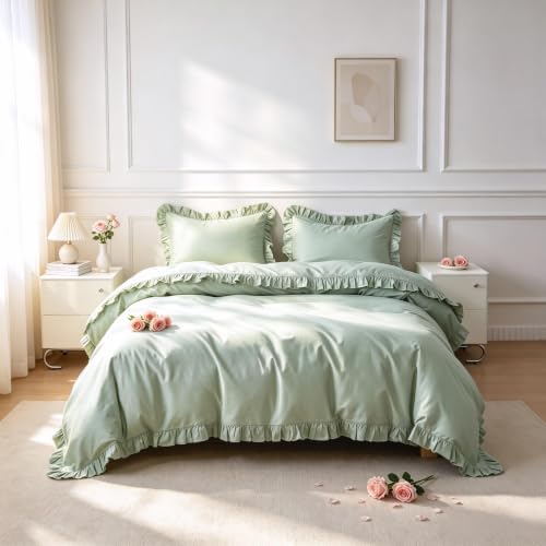 Simple&Opulence Kids 100% Organic Cotton Duvet Cover with Ruffle 104 x 92-3 PCS High End Floral Frill Lace Bedding, Romantic Cottagecore Style Comforter Cover with 2 Pillowcases, Sage Green, King