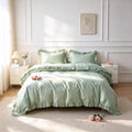 Simple&Opulence Kids 100% Organic Cotton Duvet Cover with Ruffle 88 x 92-3 PCS High End Floral Frill Lace Bedding, Romantic Cottagecore Style Comforter Cover with 2 Pillowcases, Sage Green, Queen