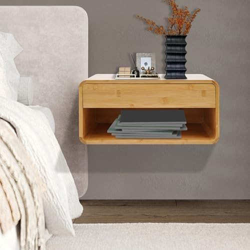 Bamboo Floating Nightstand with Storage Drawer, Wall Mounted Bedside End Tables with Open Shelf, Modern Bedside Cabinet Storage for Bedroom Living Room