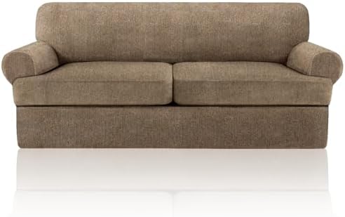 3 Pieces Sofa Covers fot T Cushion Loveseat Slipcover, Sofa Stretch Slip Covers for 2 Cushion Couch with 2 Individual T Shape Seat Covers (Brown, 2 Cushion)
