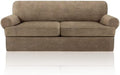 3 Pieces Sofa Covers fot T Cushion Loveseat Slipcover, Sofa Stretch Slip Covers for 2 Cushion Couch with 2 Individual T Shape Seat Covers (Brown, 2 Cushion)