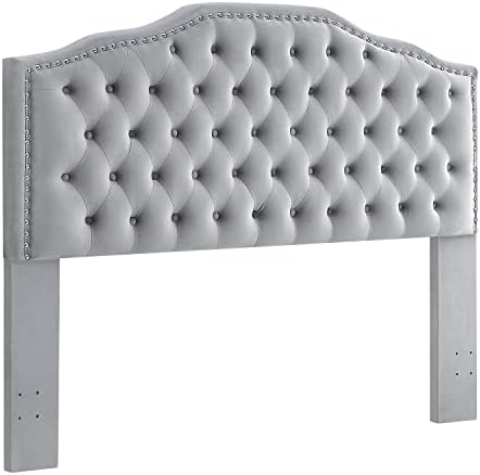 24KF Upholstered Button Tufted Queen/Full Size Headboard with Nailhead Trim, Soft Velvet Fabric Headboard - Gray