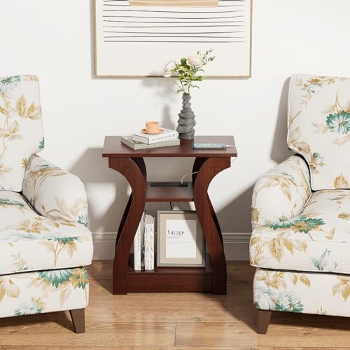 FROMJBEST End Tables Living Room, Cherry End Table with Charging Station