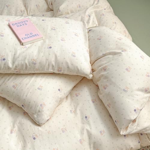 Cherry Twin XL Duvet Cover Boho Muslin Twin XL Comforter Cover Cotton Double Gauze Bow Zipper Duvet Cover Set with 2 Pillowcases Kawaii Pattern Bedding Set for Girls Duvet Protector