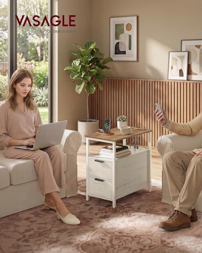 VASAGLE Side End Table with Charging Station, Slim Nightstand with Storage