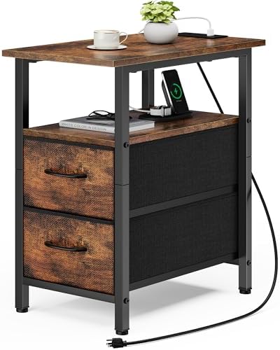 Vagusicc End Table with Charging Station, Narrow Side Table, 23.8'' Tall Nightstand with 2 Fabric Drawers, Small Sofa Side Table Narrow Nightstand for Small Spaces, Bedroom, Bedside, Rustic Brown