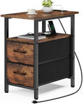 Vagusicc End Table with Charging Station, Narrow Side Table, 23.8'' Tall Nightstand with 2 Fabric Drawers, Small Sofa Side Table Narrow Nightstand for Small Spaces, Bedroom, Bedside, Rustic Brown
