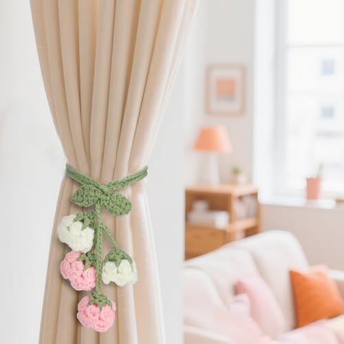 Flower Curtain Tiebacks, 4pcs Lily-of-The-Valley Curtains Holdbacks, Cute Curtain Holdbacks - No Drill Rope Holder, Drape Knitting Handmade for Nursery&Children's Room Decor (Pinkish/White)