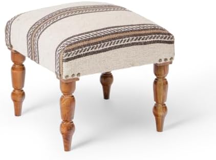 Handmade Jute Ottoman Stool with Wooden Legs | Square Upholstered Foot Rest & Accent Seating | Woven Vanity Stool for Living Room, Bedroom, Hall, Entryway & Home Décor (White Wool)