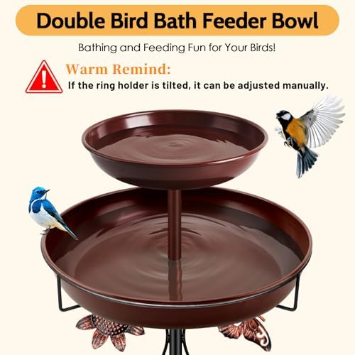 Daoeny Bird Bath for Outside, 42In Vintage Freestanding Birdbaths for Outdoors, Double Metal Bird Bath Feeder Bowls for Garden Patio Yard Lawn Decor, Upgraded 5-Pronged Base (Brown)