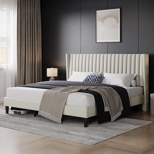 Yaheetech King Bed Frame with Headboard, Ivory Channel-Tufted Platform