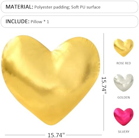 Golden Heart Decorative Throw Pillow, Adorable Heart Accent Cushion for Bed Couch Sofa, Waist Cushion for Car Seat Back Support, Photo Prop and Home Decor