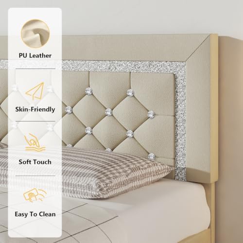 Lullabyre Queen Size Bed Frame with Headboard, Faux Leather Bed with Diamond Tufted Design, Bed Frames Queen with Wood Slats Support, No Box Spring Required, Easy Assembly, Cream