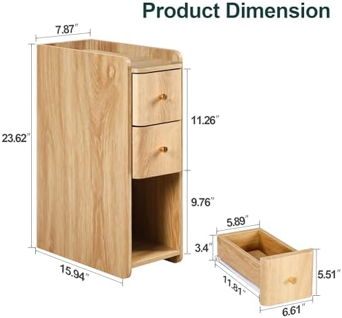 Narrow Nightstand Set of 2, Wooden Small 2 Drawer Nightstand, Slim Side End Table, Skinny Bedside Table, Mid Century Modern Night Stand with Drawers for Bedroom (Natural 2-2 pcs)