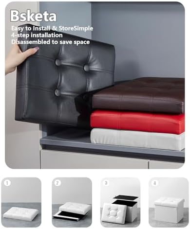 Bsketa Storage Ottoman Bench,17 Inch Folding Leather Foot Rest Stool,White