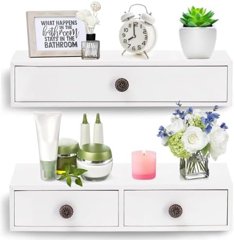 Yesland 2 Packs Space-Saving Floating Nightstand with Drawer - Perfect for Small Spaces - Supports 11 lbs - Compact Wall Mount Rustic Wood Floating Drawers - White