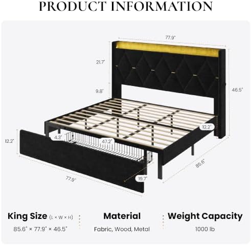 SHA CERLIN King Size Bed Frame with Storage Drawer & LED Lights, Black