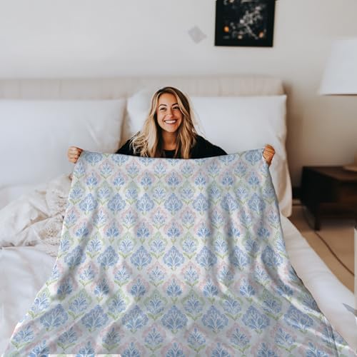 Pink and Blue Floral Blanket, Pastel Grandmillennial Flower Decorative Throw Blanket for Couch Bed Sofa, Grand Millenial Flower Throw Blankets for Living Room Bedroom Decor, 50x60 Inches