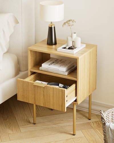 Aienvey Nightstand with One Drawer, Oak Stripe Night Stand and Gold Frame