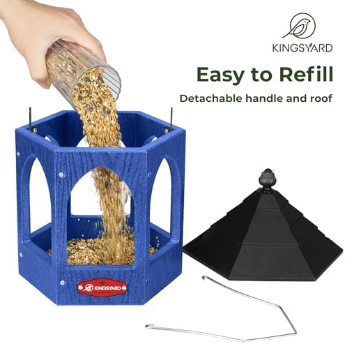 Kingsyard Platform Bird Feeder for Outdoor Hanging - Gazebo Style Recycled Plastic Wild Bird Feeding Station with Rain-Proof Roof & Metal Mesh Tray. Blue