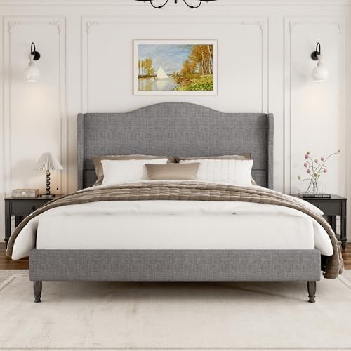 Queen Size 50.4'' Upholstered Tall Headboard Bed Frame, Light Grey
