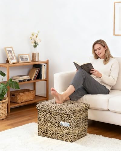 Bsketa Storage Ottoman Bench, 17" Folding Velvet Foot Rest,Leopard Print
