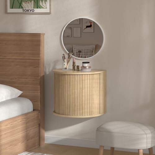 Floating Nightstand Set of 2 with Sliding Roller Shutter Doors,Wood