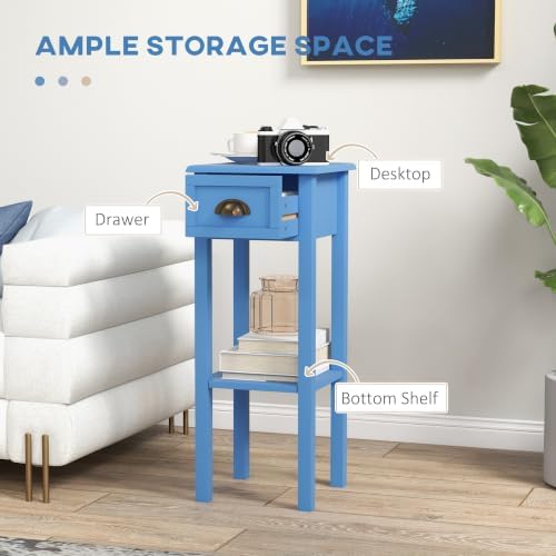 HOMCOM Narrow End Table with Drawer and Bottom Shelf Set of 1 Light Blue