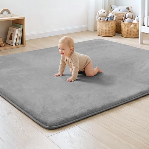 1.3" Thick Baby Floor Play Mat 79x118, Basic Padded Foam Mat for Tummy Time Crawling, Non Slip Cushioned for Babies Toddlers Infants Kids (Light Grey)