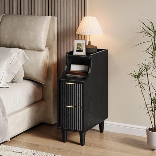 Fluted Nightstands Set of 2,Narrow Bedside Table with 2 Drawers & Storage, Farmhouse Walnut End Table Modern Side Table for Bedroom Livingroom Sofa Office, Small Space