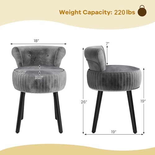 CHARMAID Velvet Vanity Chair for Bedroom, Elegant Accent Chair with Tufted Low Back, Solid Wood Legs, Upholstered Seat, Modern Makeup Stool for Dressing Room, Home Office (Gray & Black)