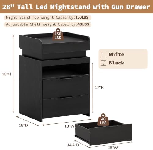 Baoz 28" Tall Modern Nightstand with Charging Station & LED Lights, Black