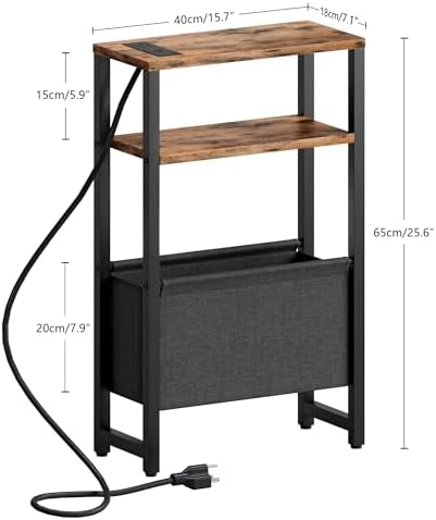 Narrow Side Table with Charging Station Slim End Table Sofa with Magazine Rack, Bedside Table for Small Spaces, 3 Tier Nightstand for Living Room Couch, Bedroom Rustic Brown LET503RE