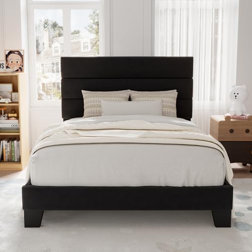 Allewie Twin Size Platform Bed Frame with Velvet Upholstered Headboard