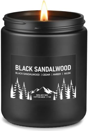 Auelife Black Sandalwood Scented Candle for Men, 7oz Soy Wax 50-Hour Burn