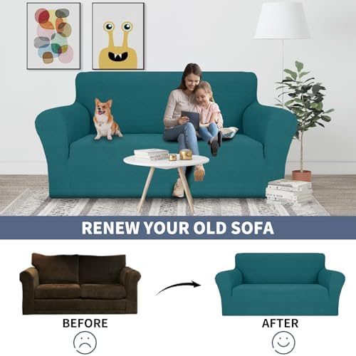 JIVINER Stretch Armchair Slipcovers, 1 Piece Chair Sofa Covers 1 Seater Couch Covers with Elastic Bottom for Kids, Pets (Small, Teal Rhomb)