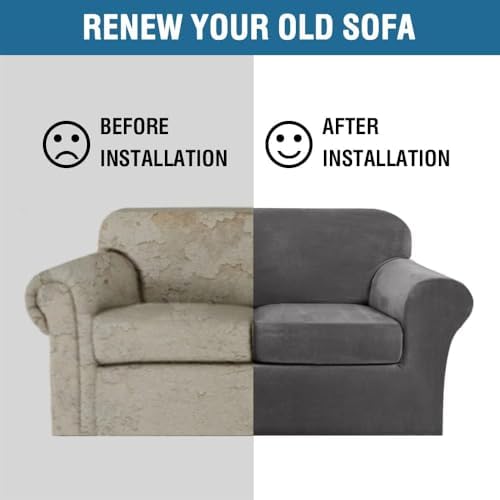 H.VERSAILTEX High Stretch Sofa Slipcover 4 Piece Cover Velvet Furniture Protector Form Fit Thick Velvet Extra Large Sofa Cover for 3 Cushion Couch Width Up to 97 Inch (Large Sofa, Grey)