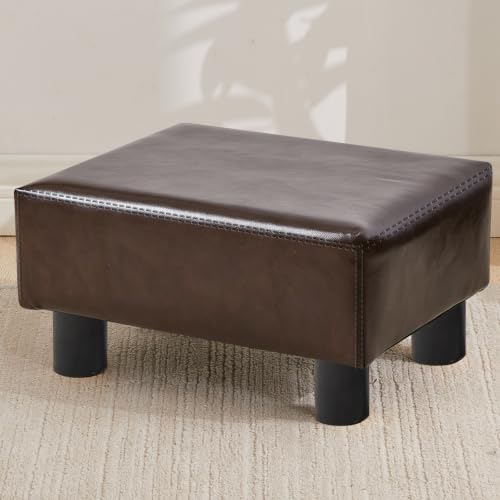 Small Foot Stool Ottoman, Faux Leather Footstool Ottoman Foot Rest for Couch, Rectangle Footstools and Ottomans Small for Living Room, Entryway and Bedroom (Brown)