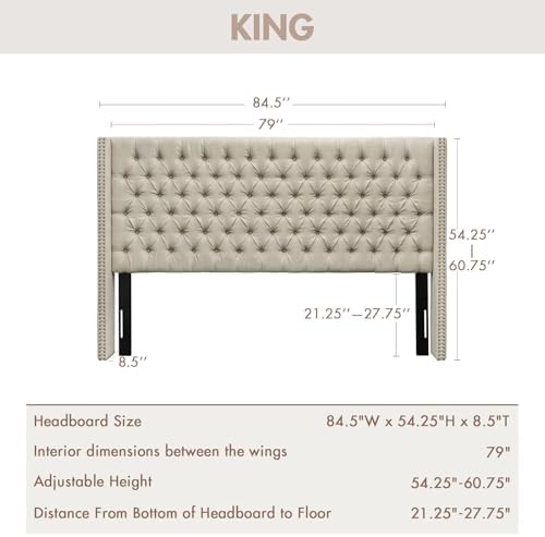Madison Park King Wingback Upholstered Tufted Headboard, Featuring High-Density Sponge Padding, Adjustable Height Headboard, Easy Assembly, Beige Woven