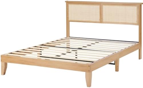 coucheta Bohemian Full Rattan Bed LED Natural Headboard Bedroom