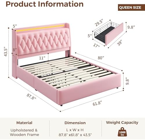 Queen LED Velvet Bed Frame with 2 Storage Drawers&Hidden Headboard, Upholstered Platform Bed with Charging Station&Button Tufted Design, Wooden Slats Support, Box Spring Optional, Easy Assembly, Pink