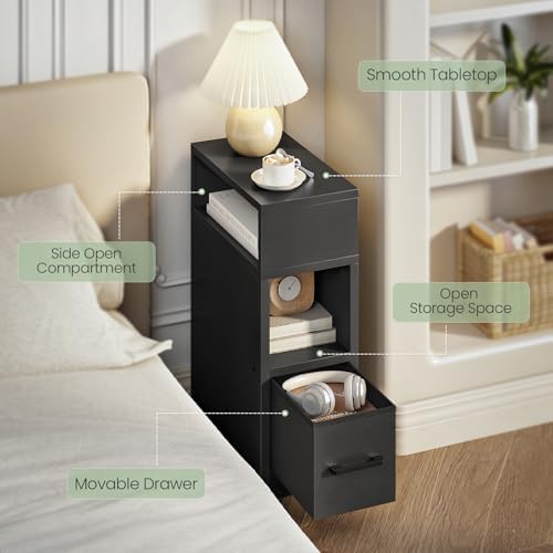 CHOEZON Narrow Side Table, 7.9" Small Nightstand with Drawer, Skinny Bedside Table, for Small Spaces, Flexible Open Compartment, for Bedroom, Living Room, Black MBZ11BB