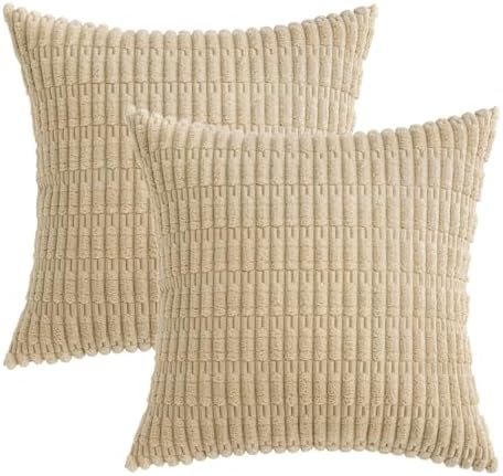 MIULEE Corduroy Decorative Throw Pillow Covers 16x16 Tan Pack of 2