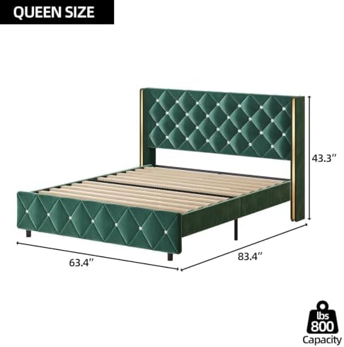 HOMBCK Queen Size Bed Frame with Velvet Headboard, Goldside Wingback, Green