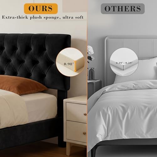 Queen Size Bed Frame with Headboard, Luxury Velvet Fabric Upholstered Bed frame with Button Tufted Design, Strong Wooden Slats Support - Low & Sturdy, Noise-Free, No Box Spring, Easy Assembly, Black