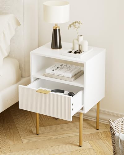 Aienvey Nightstand with One Drawer, White Stripe Night Stand and Gold Frame