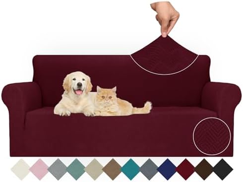 JIVINER Stretch Sofa Covers 1 Piece Couch Covers for 3 Cushion Couch Sofa, 3 Seater Sofa Slipcovers Furniture Protector with Elastic Bottom for Kids, Pets (Large, Wine Red Rhomb)