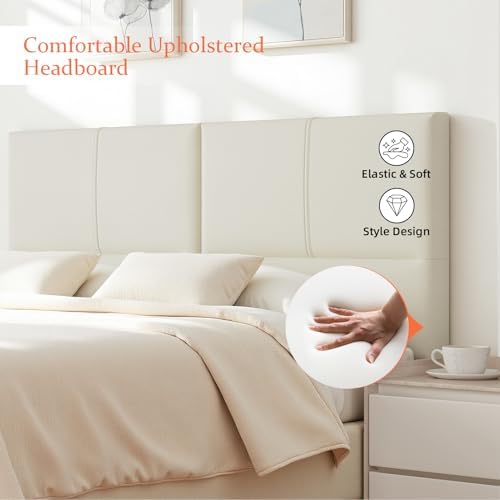 Upholstered Headboard King Size, Solid Wood Head Board with Sturdy Metal Legs, Leather Bed Headboard with Height Adjustable, Grayish White